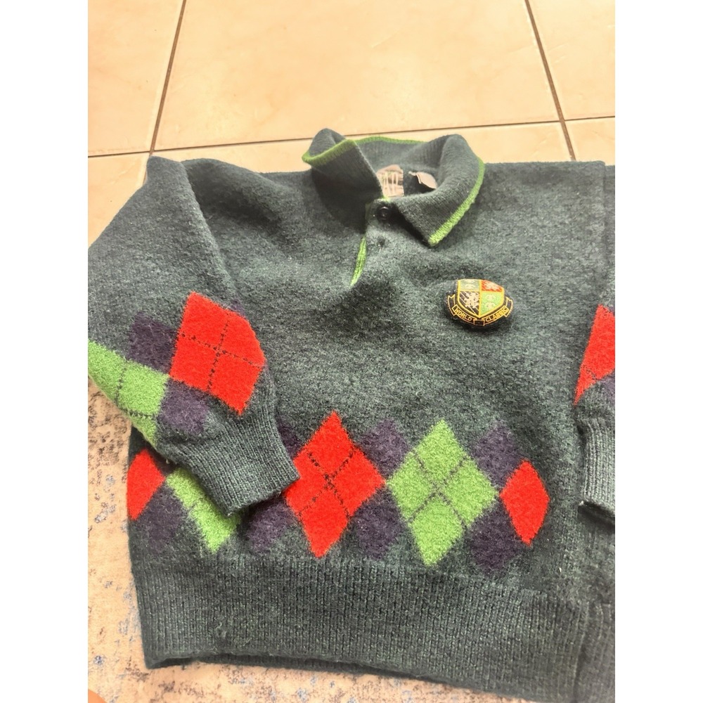 Vintage Gap Women's Dark green Argyle Wool Crest Sweater L 80s/90s Preppy Shrunk